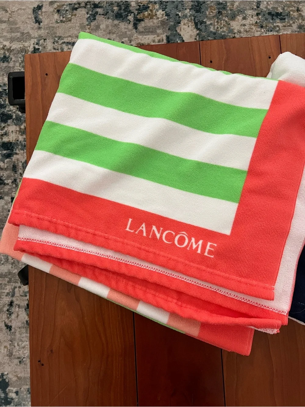 Striped Lancôme Beach Towels — Coral/Green and Navy/White—NWOT!